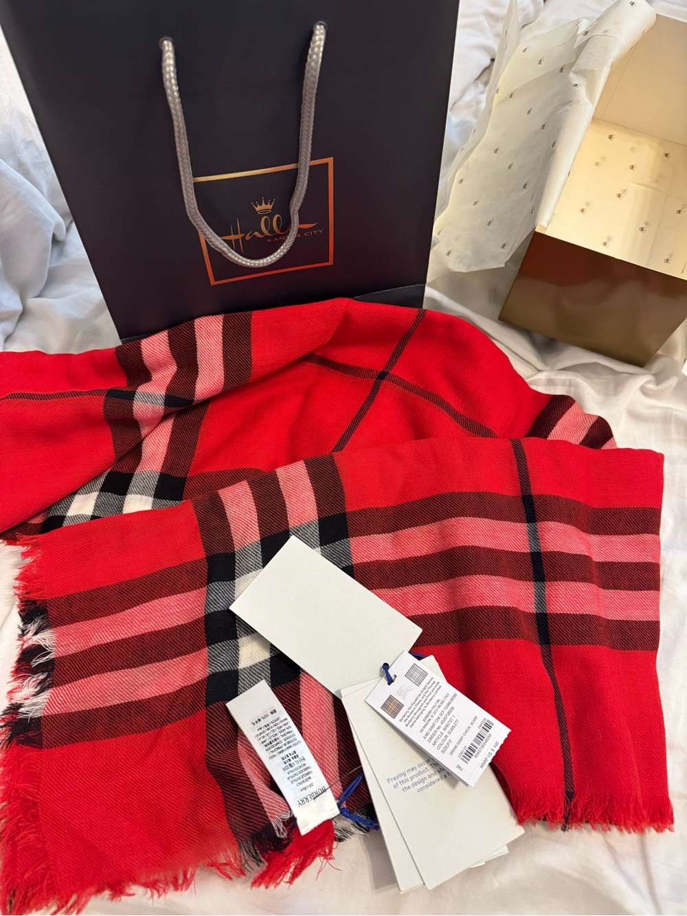 Burberry Fringed Red Giant Check Scarf, NWT